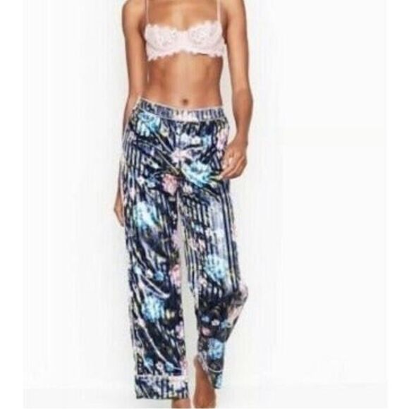 Victoria’s Secret LUXE Floral Stripe Velvet Pajama pants blue multicolor Large - Picture 6 of 9